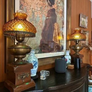 Pair of Amber Glass Hurricane Lamps w/Brass & Wood Base 24.5”